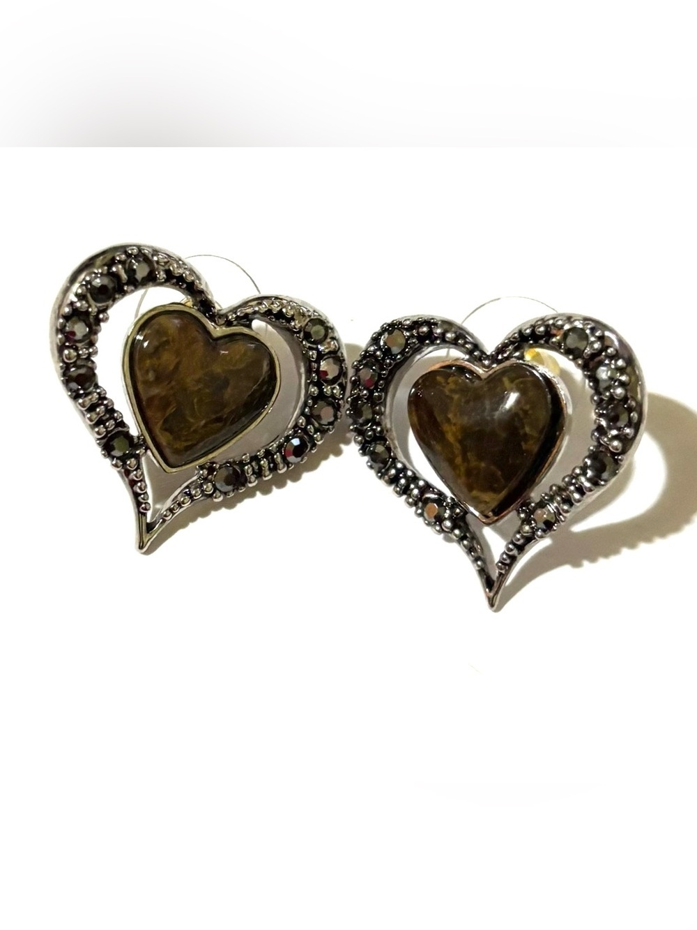 Vintage Silver Heart Earrings with Brown Stone Centers